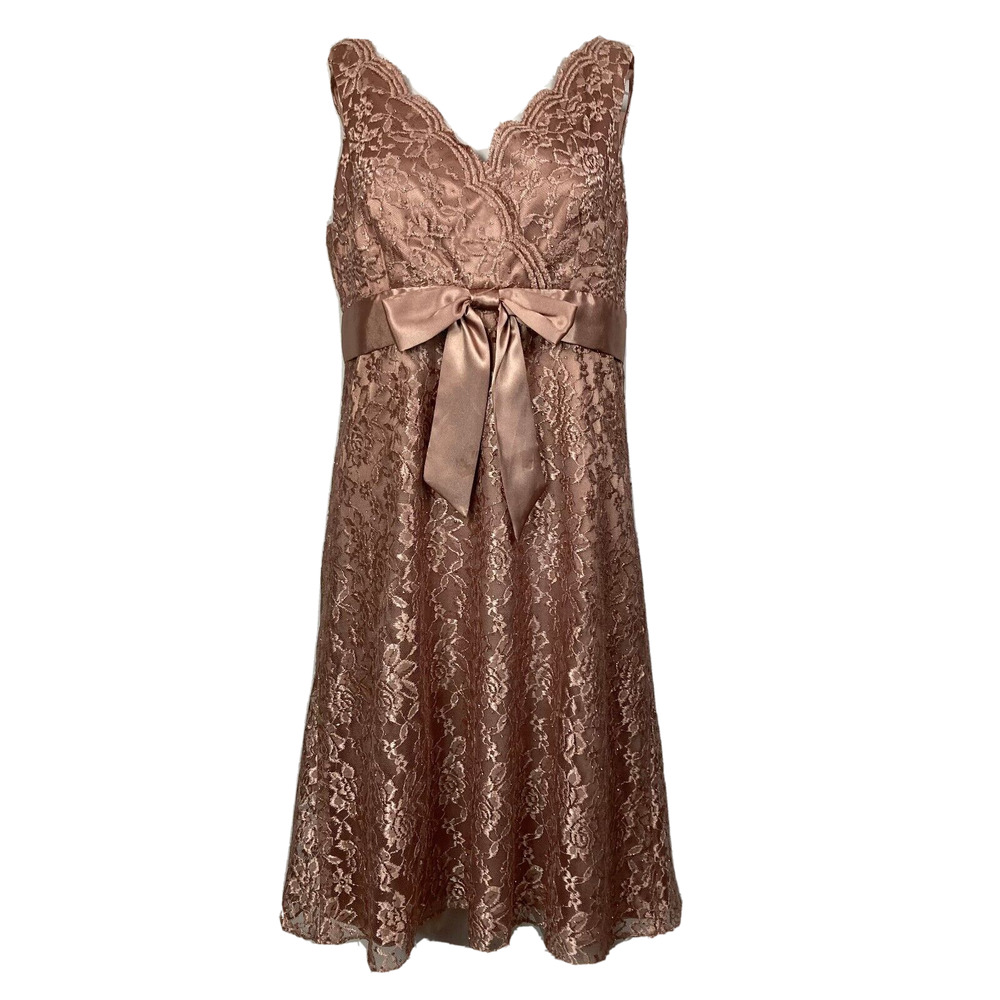 Patra Dress Womens Sz 8 Blush Pink Lace Satin Scalloped V-Neck Front Bow A-Line